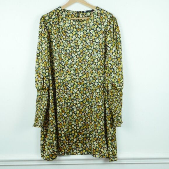 Zara XL Dress Puffer Sleeve Yellow Floral Mini Bloomcore Cottagecore Retro Boho - Picture 1 of 9